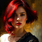 Portrait of a woman with short red hair and vibrant makeup