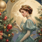 Vintage Holiday Scene with Elegant Woman and Doll