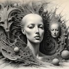 Black and white surreal art featuring a serene woman