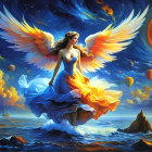 Majestic figure with wings atop waves at sunset