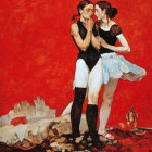 Elegant Women in Bold Red Background Painting