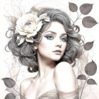 Young woman with blonde hair and white rose in artwork