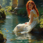 Young Woman by Tranquil Stream in Dreamy Setting