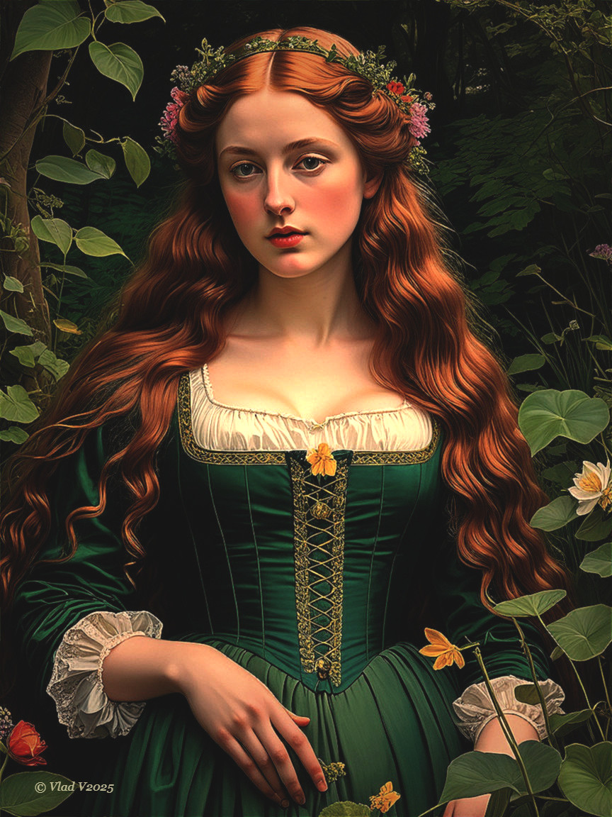 Young woman with red hair in a green forest setting
