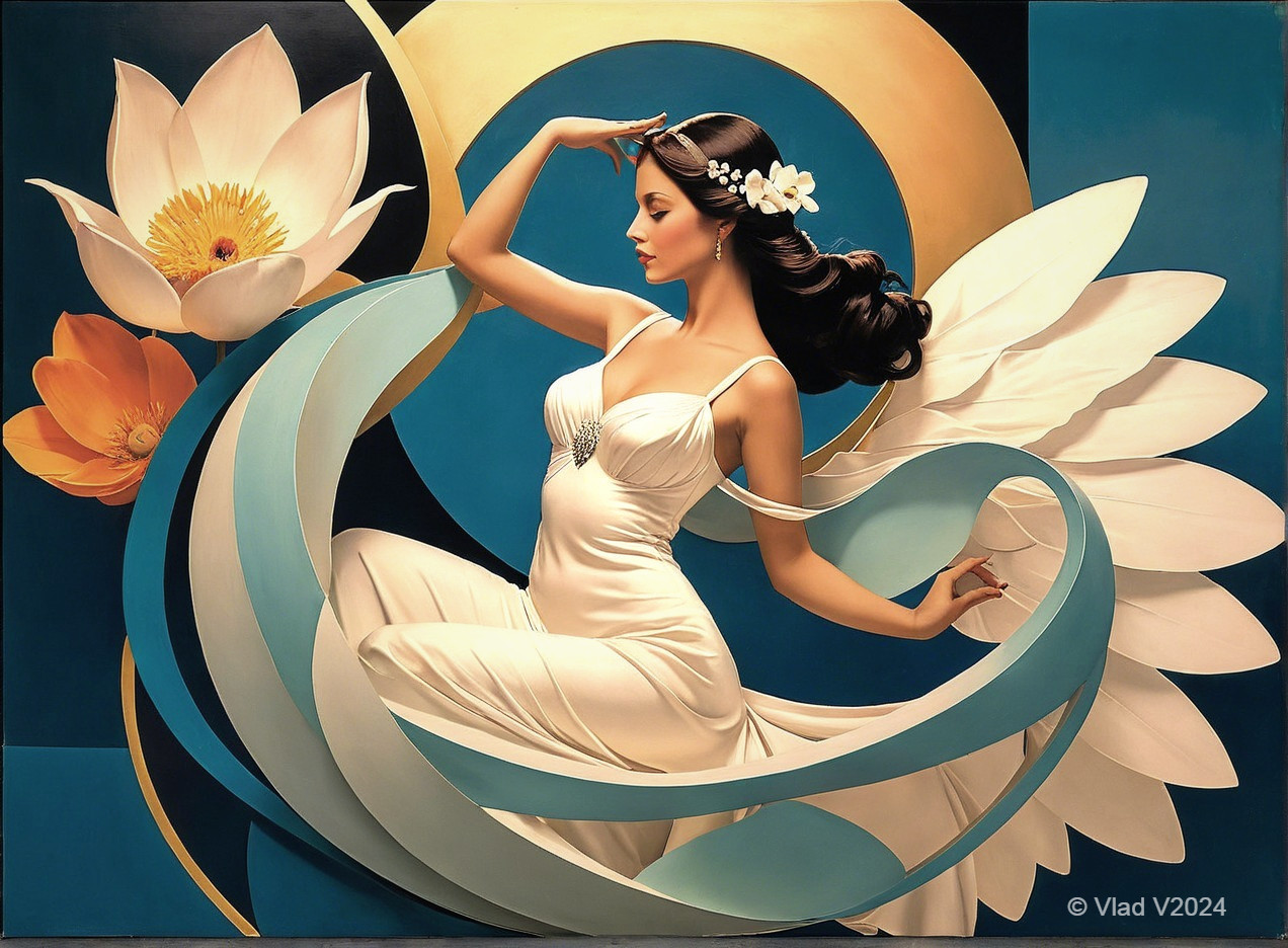 Graceful Woman in White Gown Surrounded by Lotus Flowers