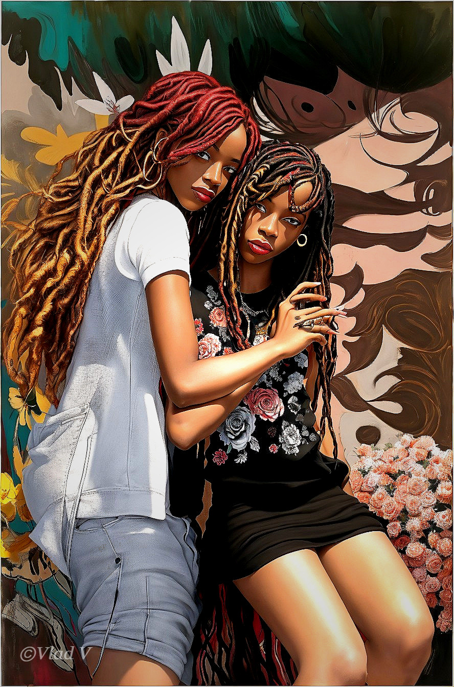 Young Women with Styled Hair Against Colorful Backdrop