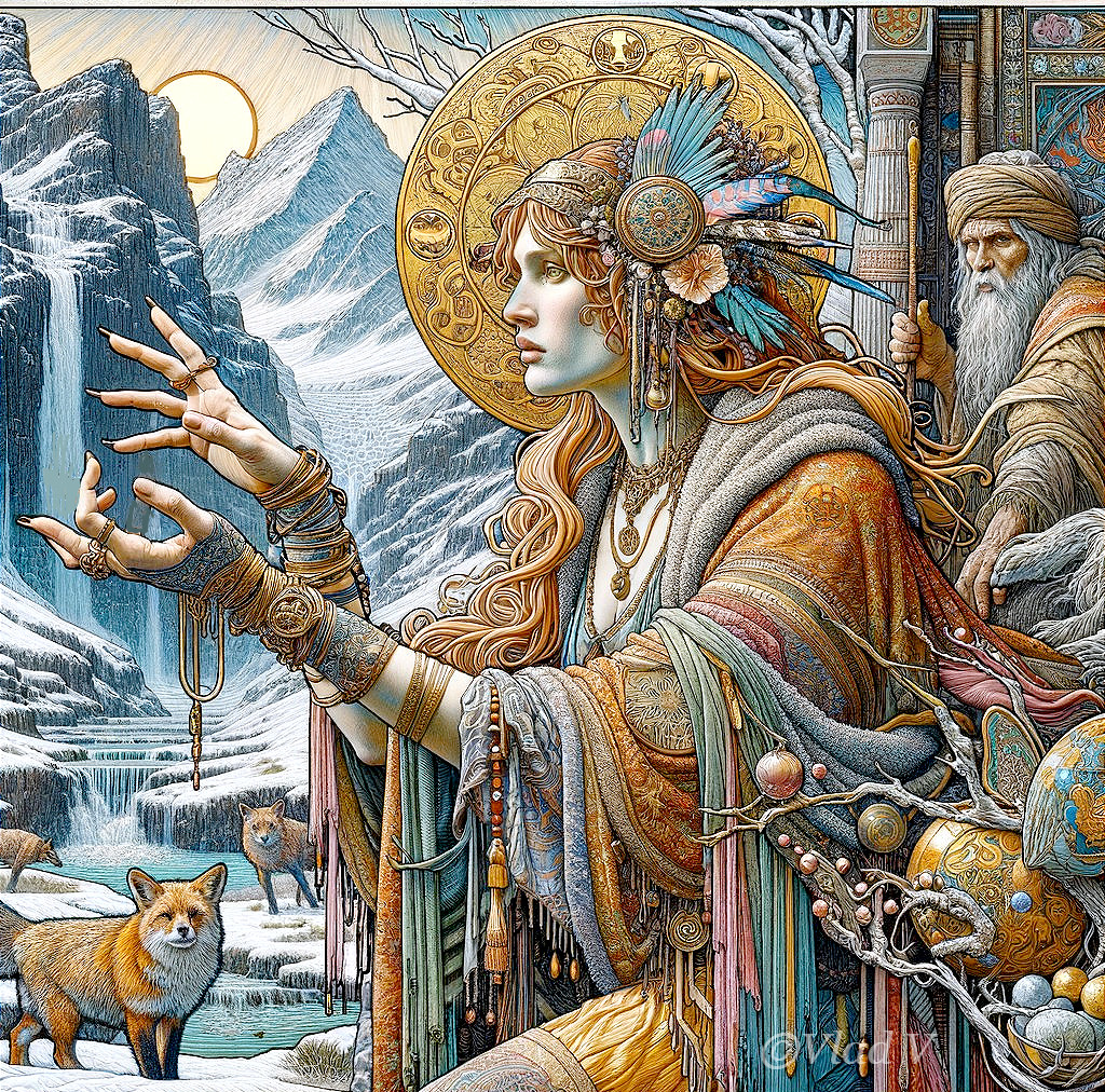 Fantasy Illustration of Woman, Elder, Fox, and Snowy Landscape