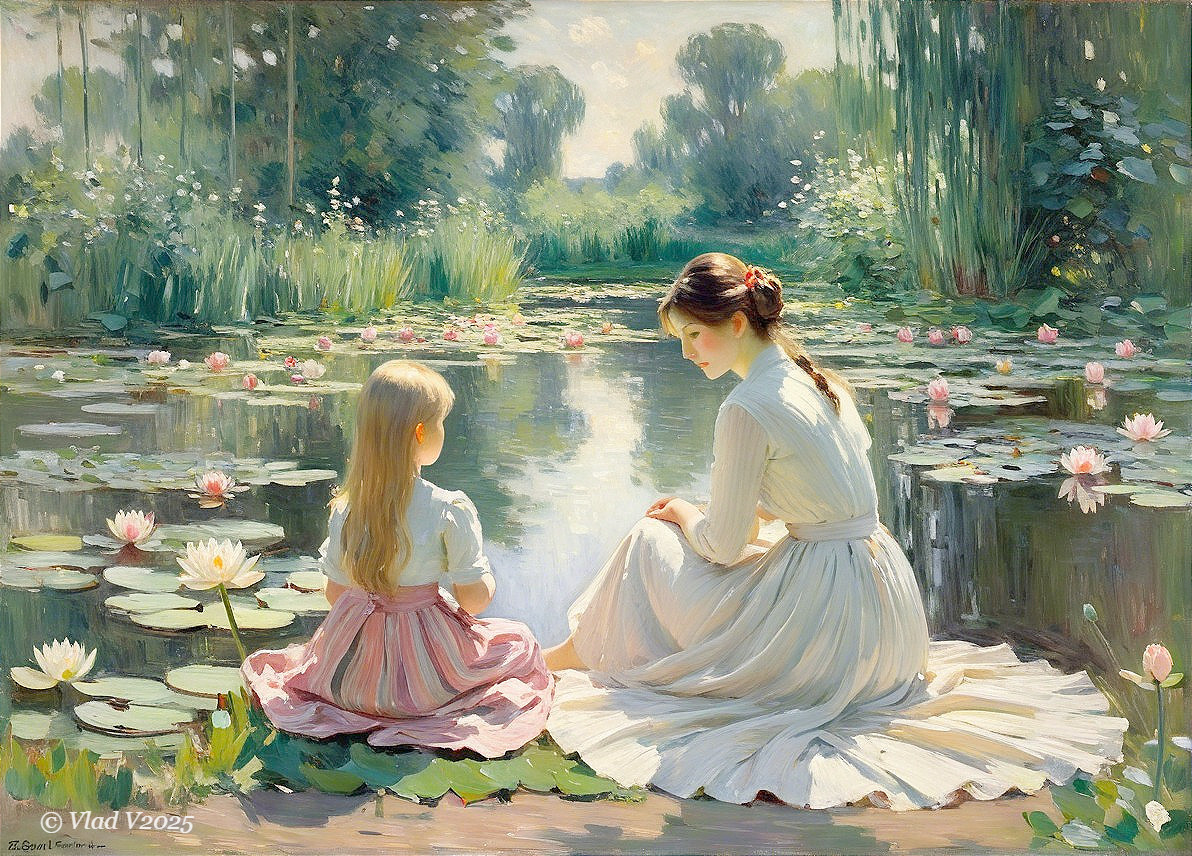 Serene Scene by a Tranquil Pond with Two Figures