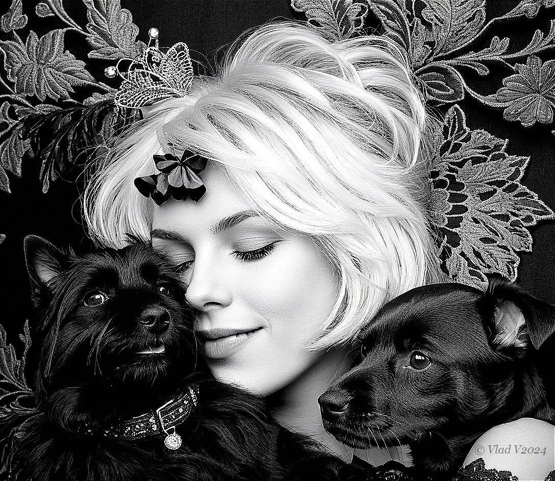 Black and white photo of a woman with dogs