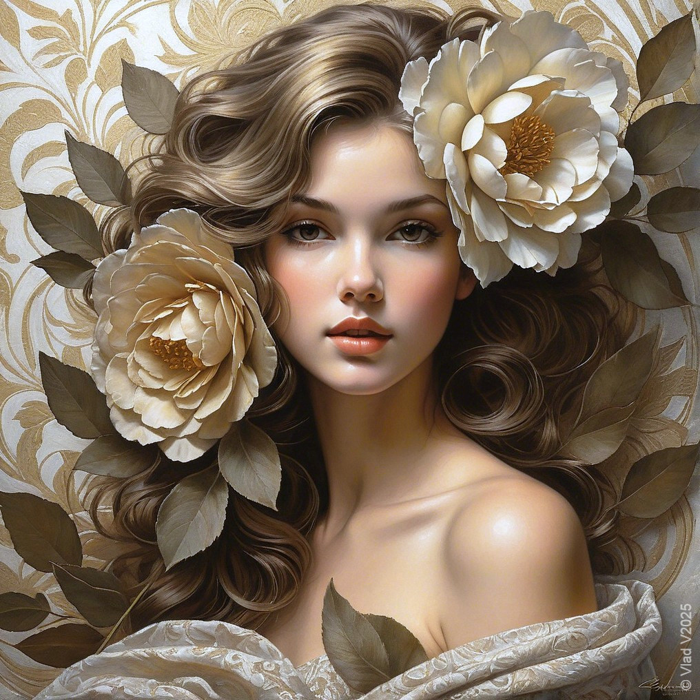 Portrait of a Young Woman with Floral Accents