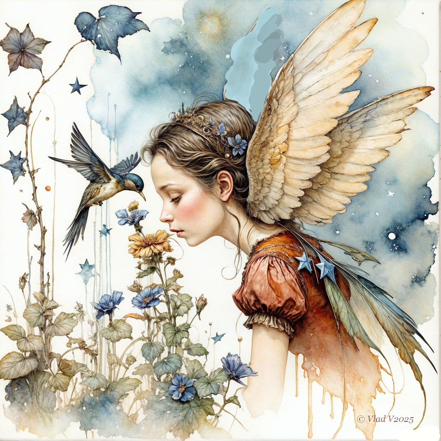 Whimsical Illustration of a Girl with Feathered Wings