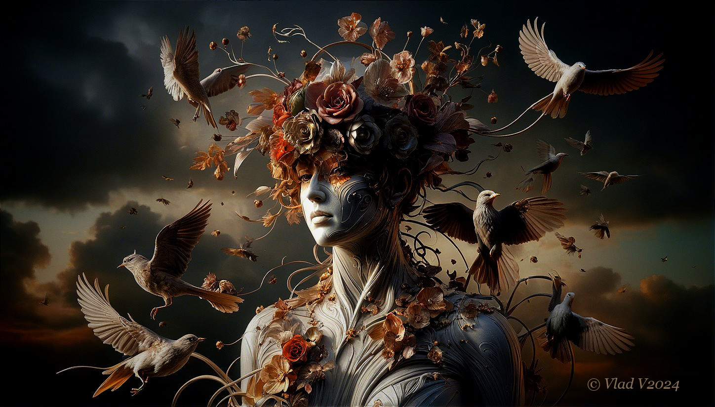 Surreal humanoid figure with flowers and birds