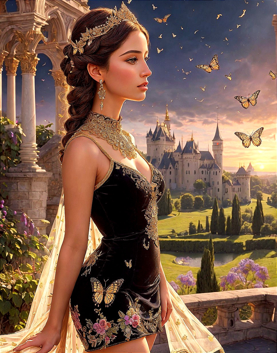 Woman in fancy dress with butterflies at castle in magical sunset