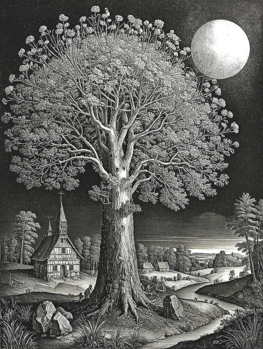 Detailed Tree and Church Under Moonlit Night Sky
