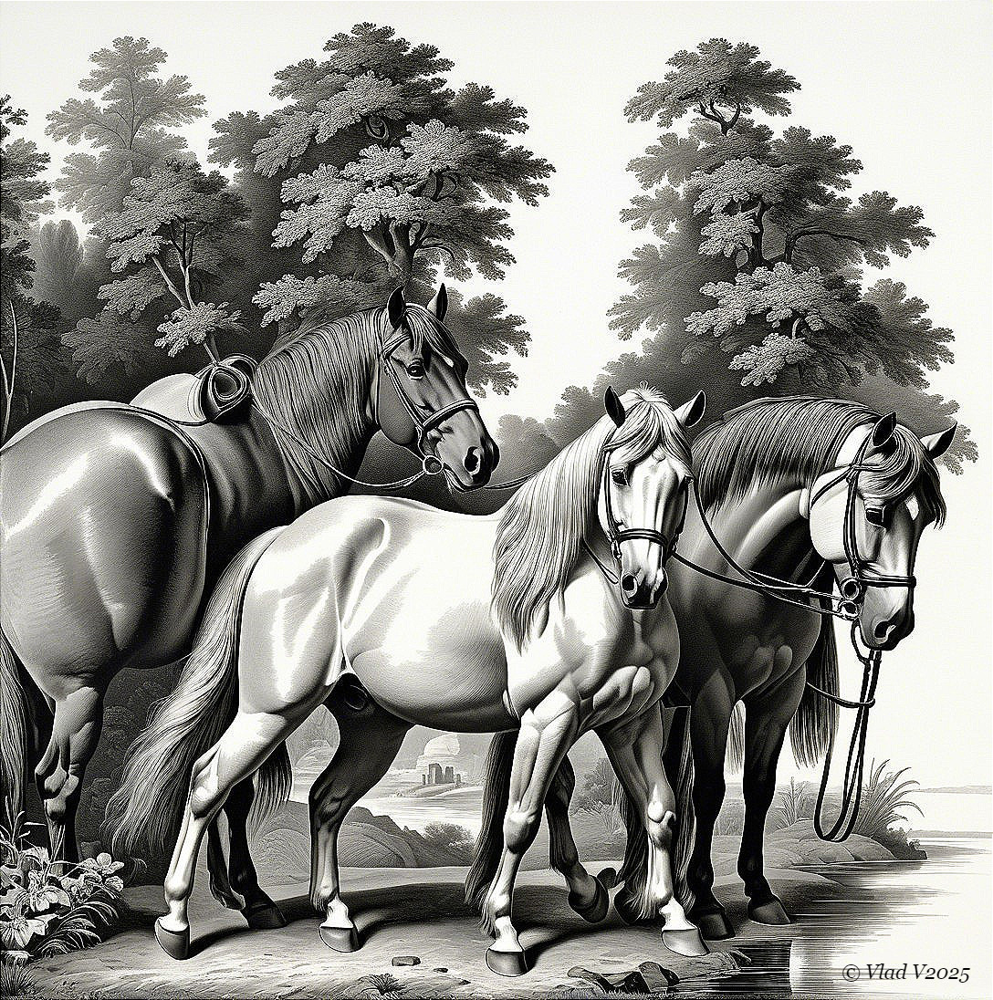 Three Horses in a Serene Landscape with Greenery