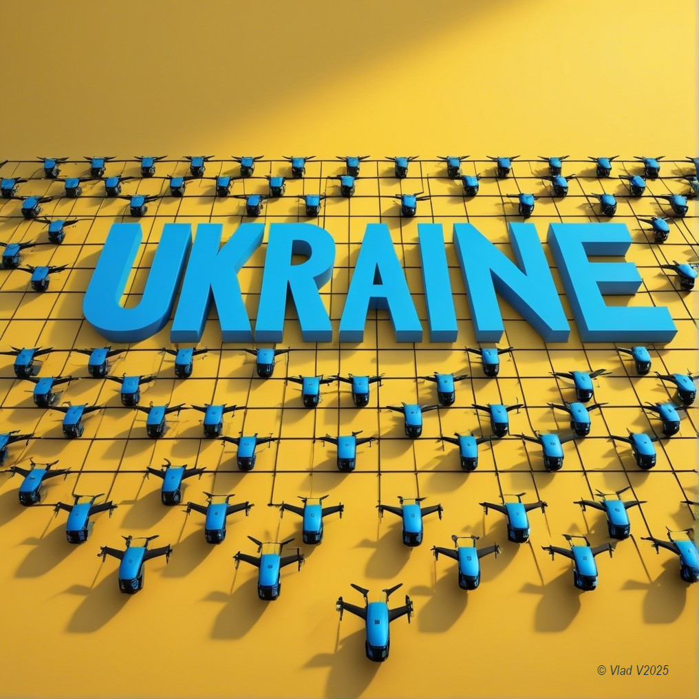 Bold "UKRAINE" Text with Drones on Yellow Background