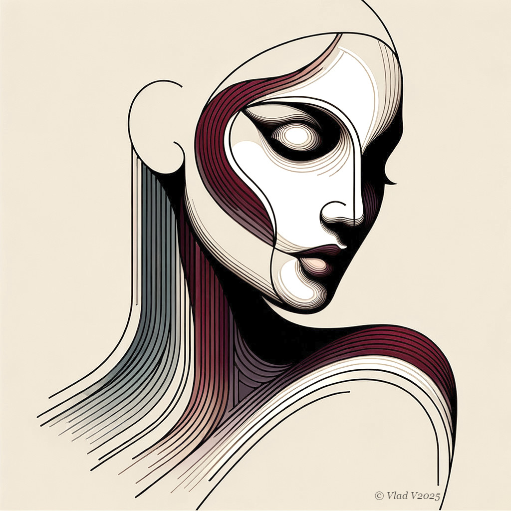 Stylized portrait of a woman with flowing lines and curves