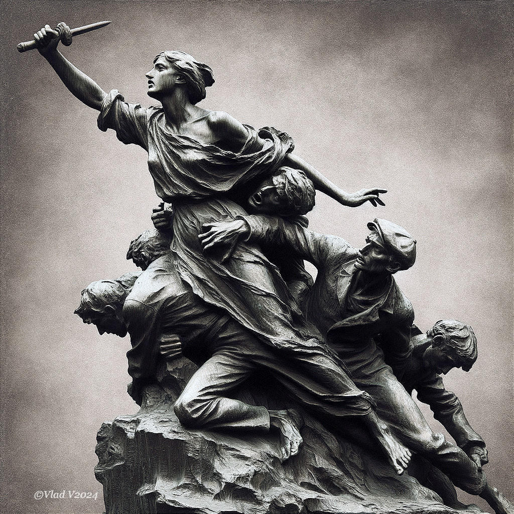 Dramatic sculpture of a woman leading men with sword