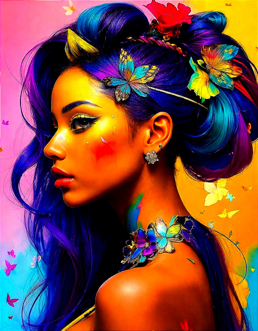 Colorful portrait of woman with blue and purple hair, flowers, butterflies on gradient background