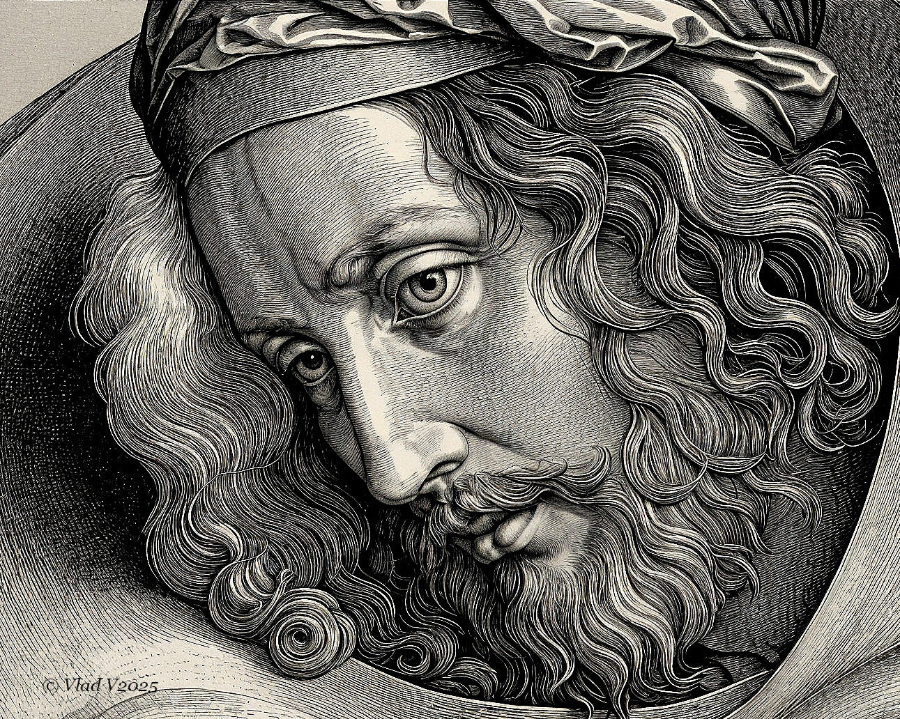 Monochromatic Engraving of a Thoughtful Man's Portrait