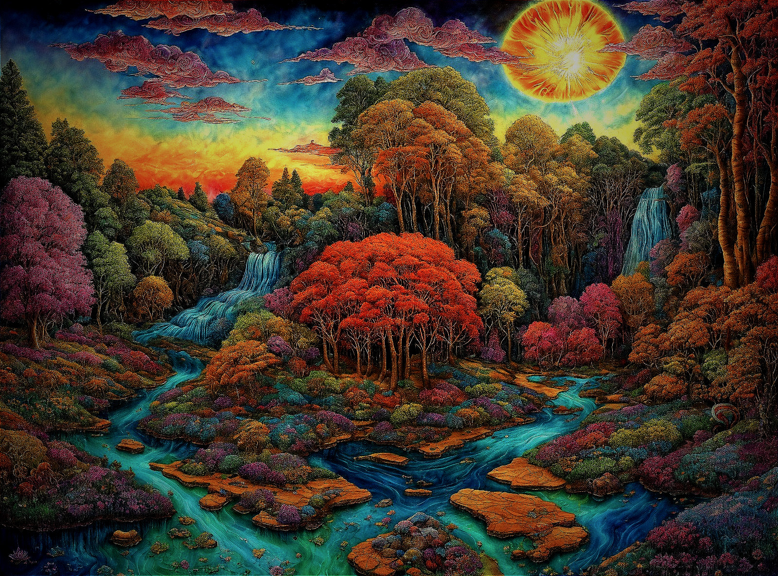 Scenic landscape with river, autumn forests, and waterfalls