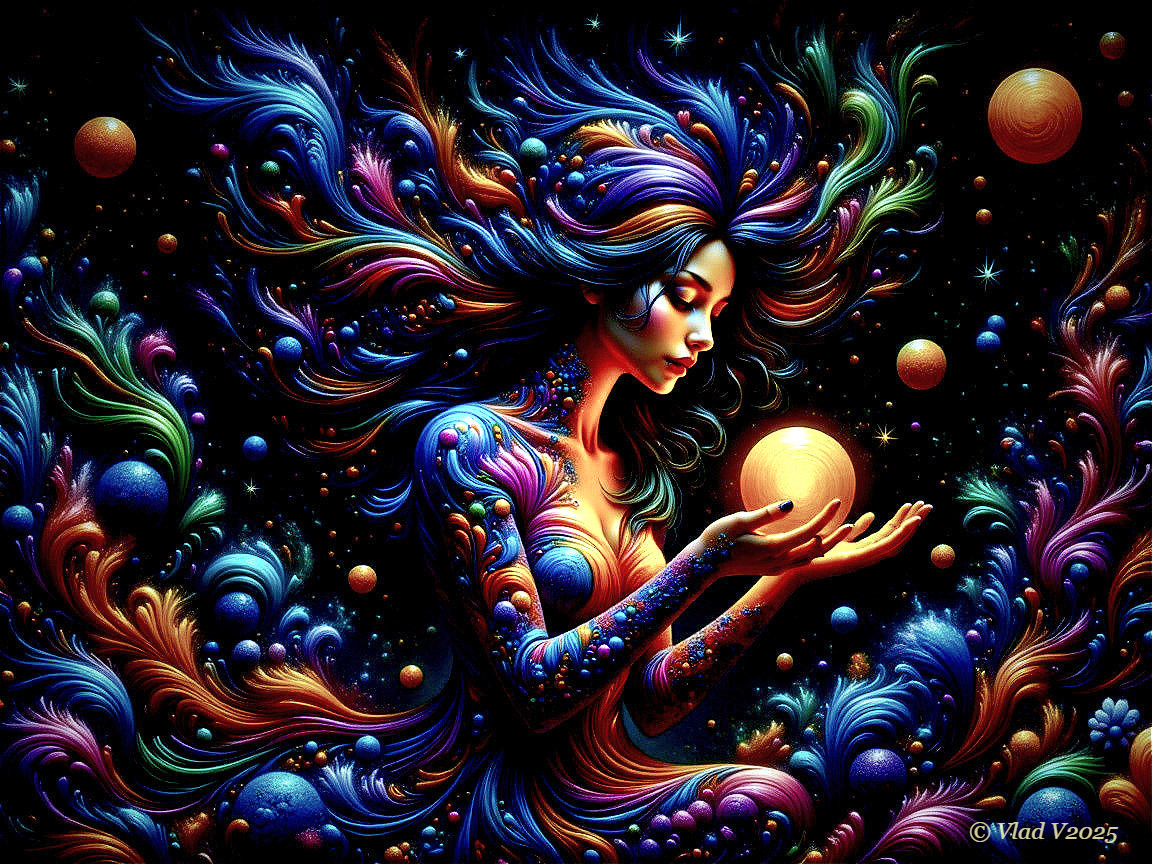Vibrant Cosmic Woman with Multicolored Hair and Orb
