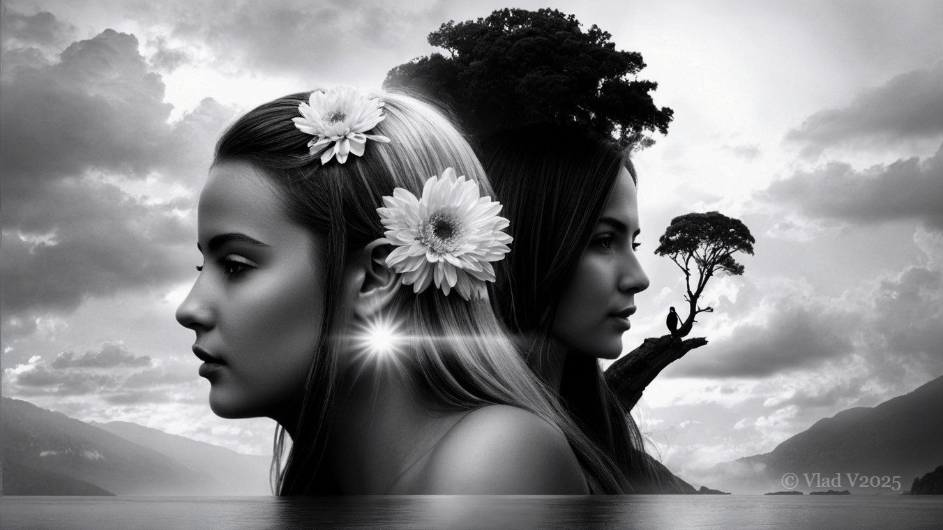 Women’s Profiles in Black-and-White Landscape Art