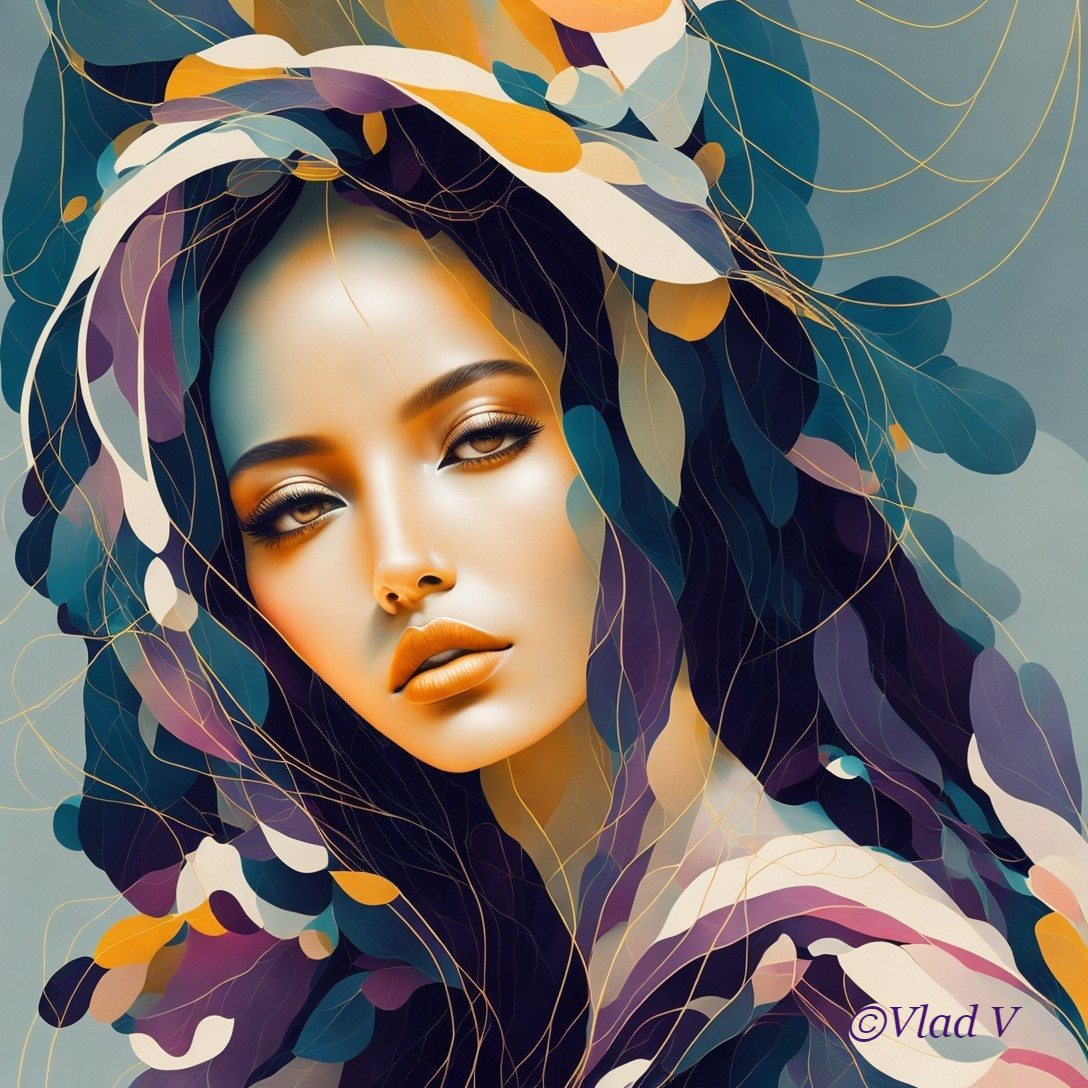 Stylized portrait of a serene woman with vibrant colors