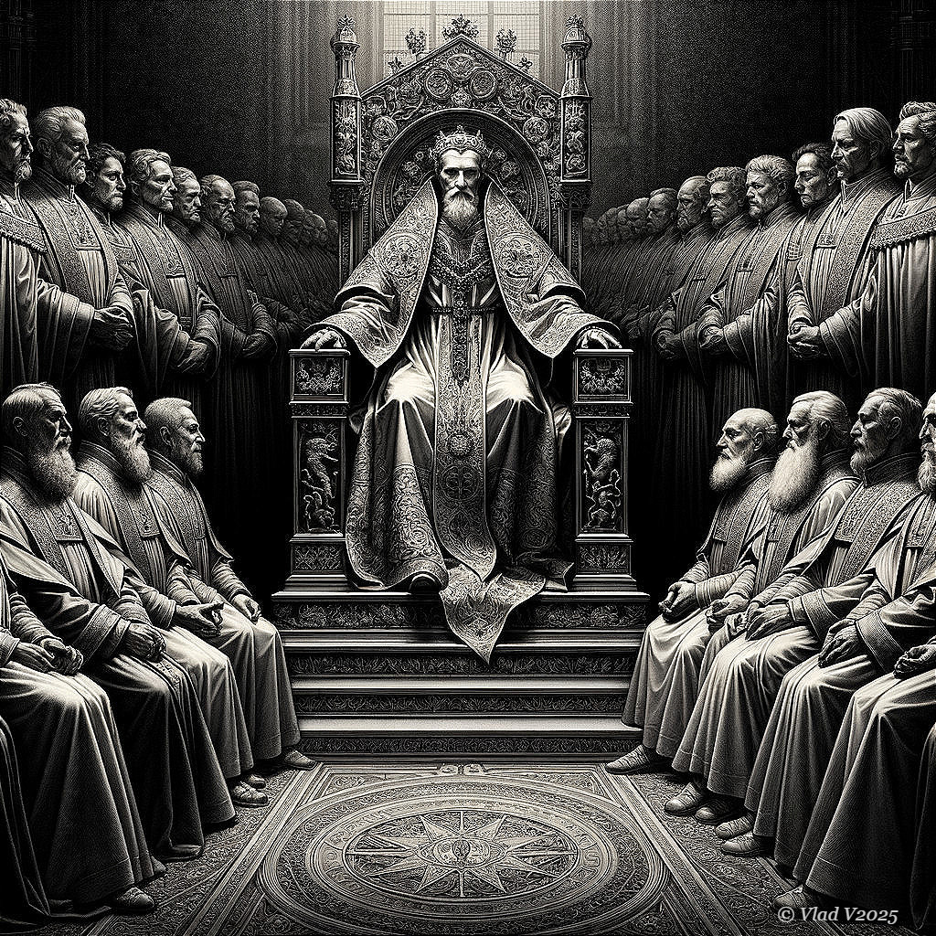Majestic figure on ornate throne with council of men