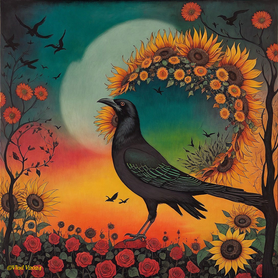 Black Crow Against Vibrant Sunset and Floral Wreath
