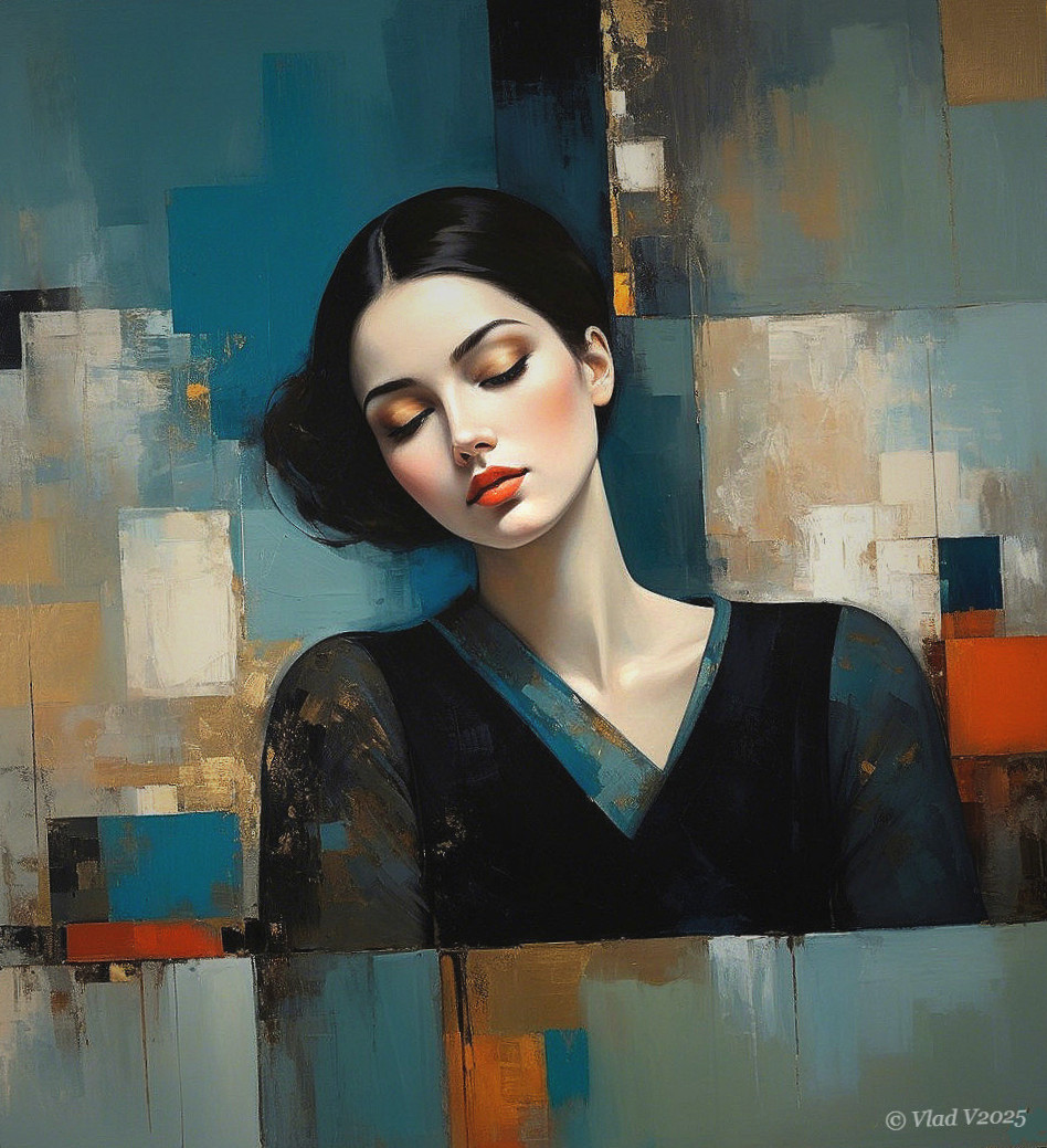 Stylized painting of a woman with dark garment and bun