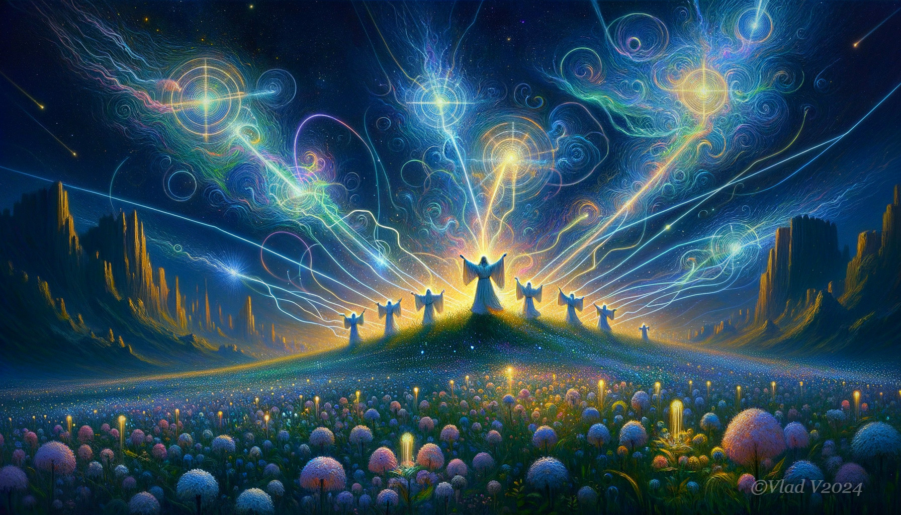 Vibrant Cosmic Landscape with Ethereal Figures and Stars