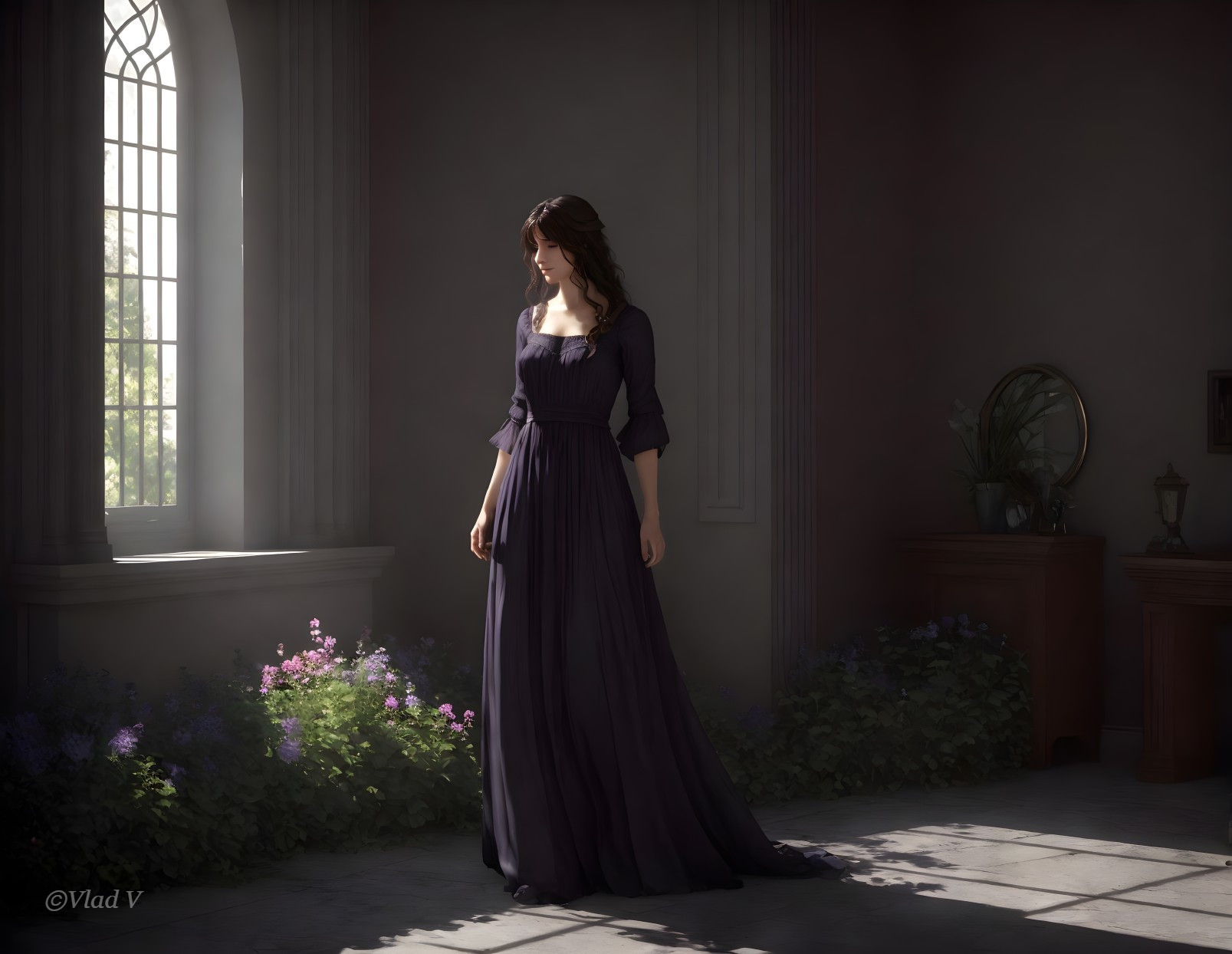 Woman in Dark Gown in Dimly Lit Room with Flowers