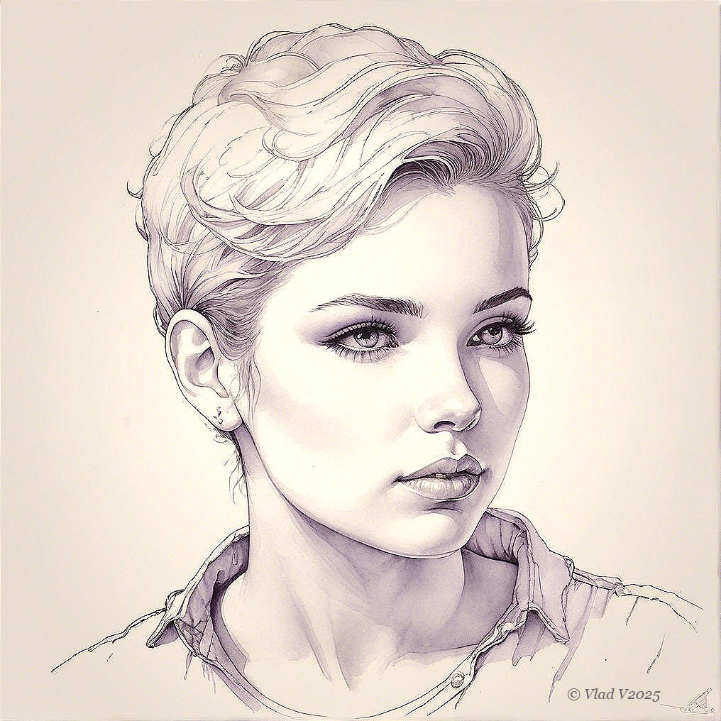 Detailed illustration of a contemplative young woman