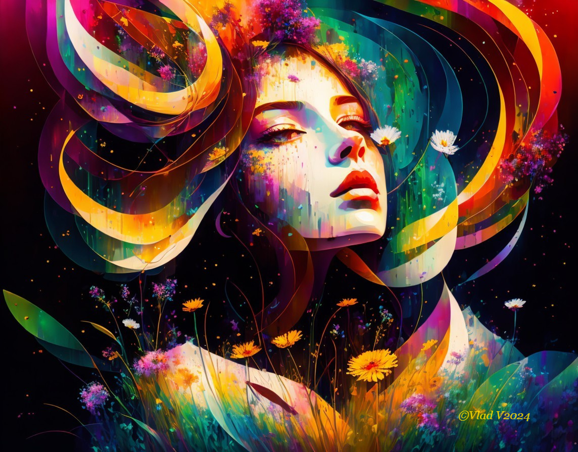 Vibrant Abstract Portrait of a Woman with Flowers