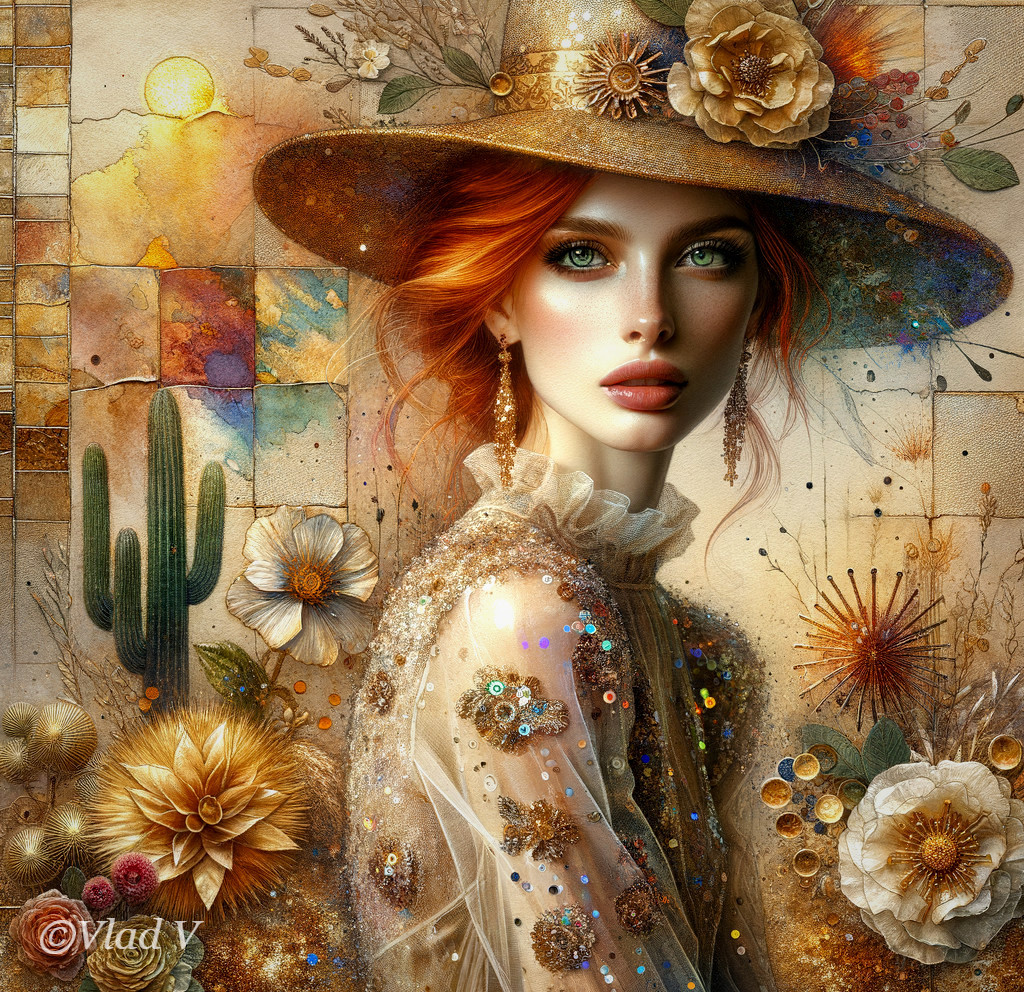 Elegant Woman in Shimmering Dress with Floral Hat