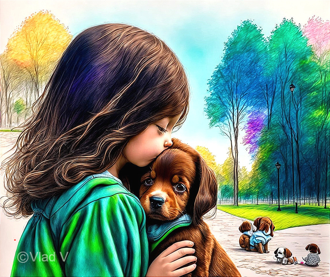 Girl Hugging Brown Puppy in Colorful Park Setting