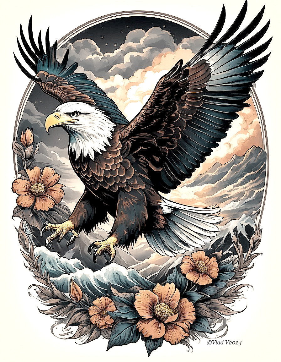 Eagle in Flight Surrounded by Clouds and Mountains