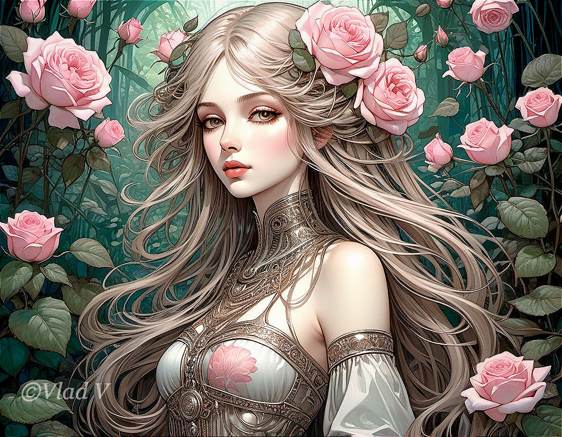 Fantasy Portrait of Woman with Silver Hair and Roses