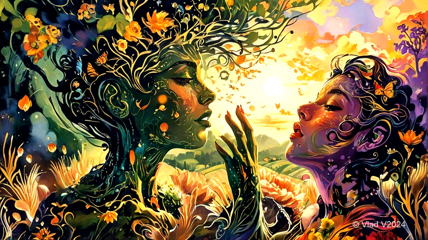 Ethereal Figures Intertwined with Nature and Flowers