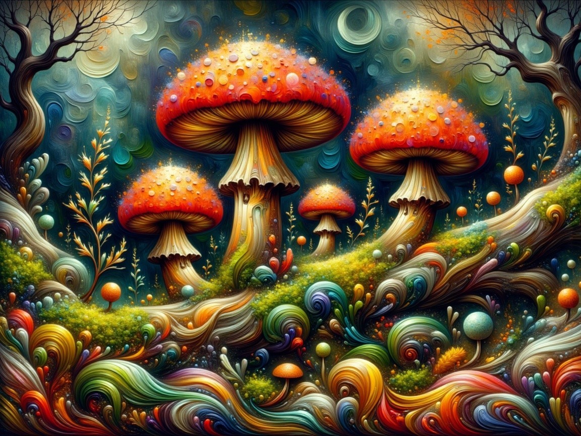 Vibrant Surreal Landscape with Oversized Colorful Mushrooms