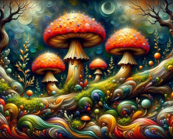 Vibrant Surreal Landscape with Oversized Colorful Mushrooms