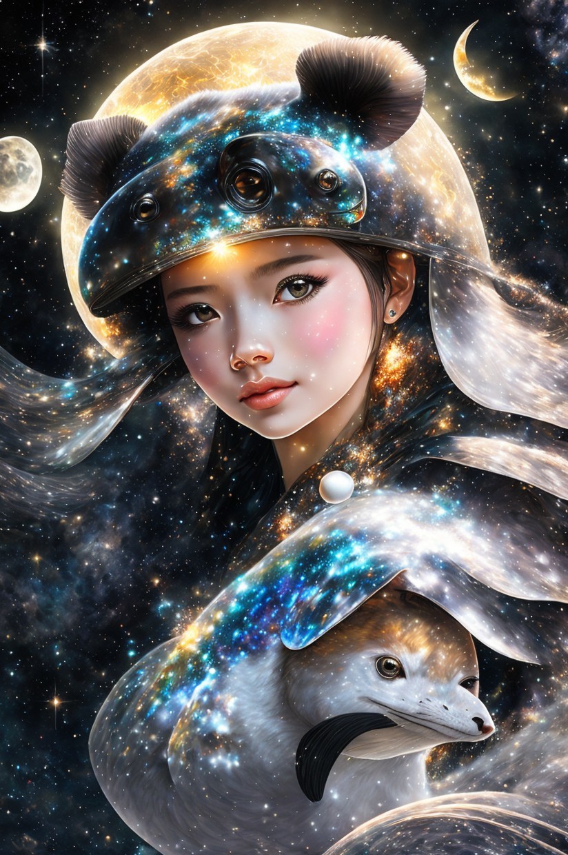 Cosmic-themed digital artwork of woman with galaxy helmet holding celestial fox
