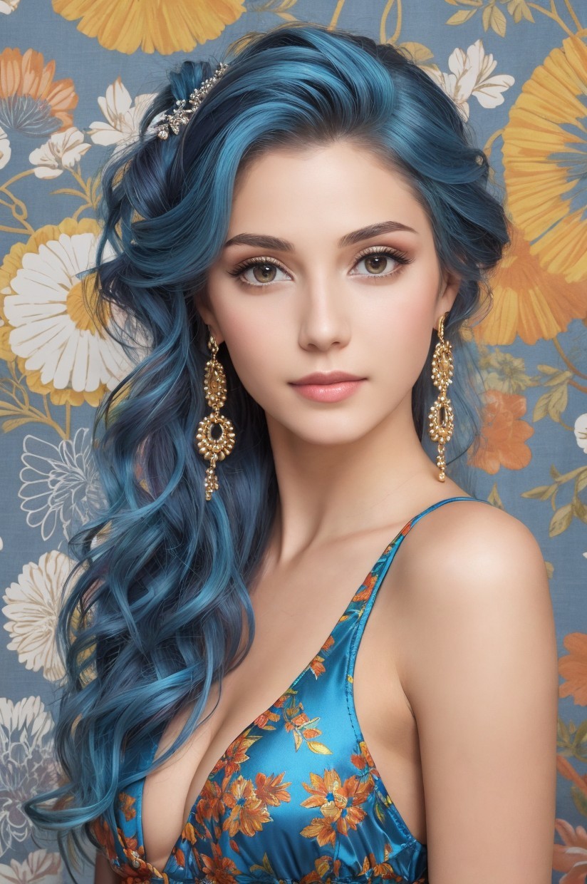 Vibrant blue-haired woman with jeweled hairpiece in blue dress against floral backdrop