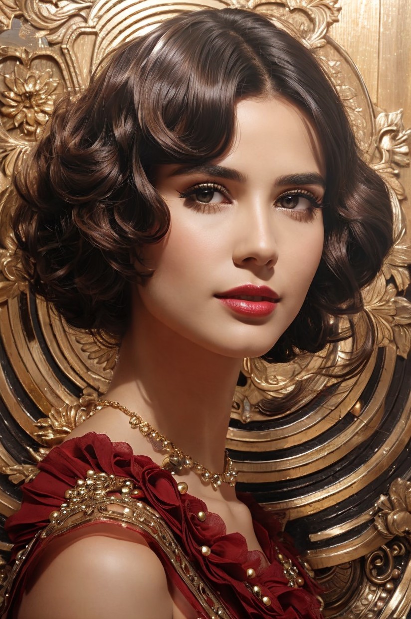Vintage Waves, Red Lipstick, Maroon Dress, Gilded Floral Backdrop