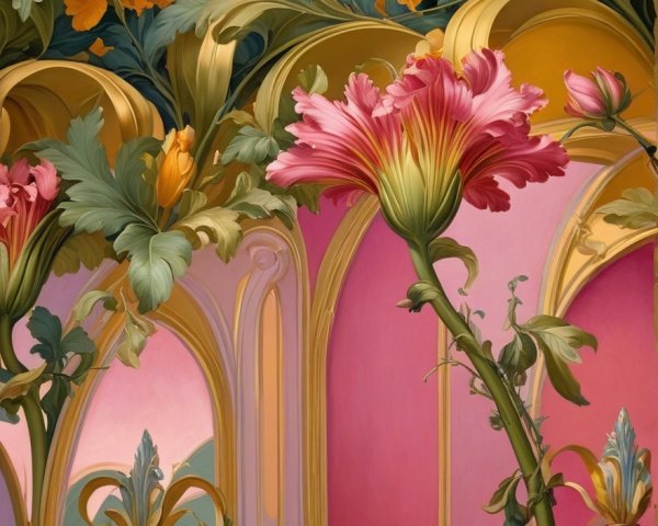 Vibrant Scene of Oversized Flowers and Pastel Architecture