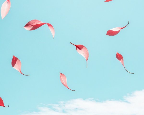 Floating Pink Leaves Against a Blue Sky Background