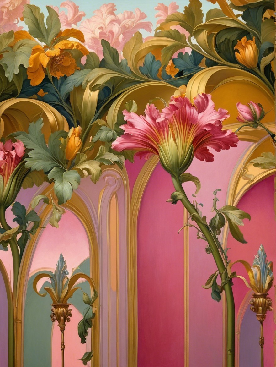 Vibrant Scene of Oversized Flowers and Pastel Architecture