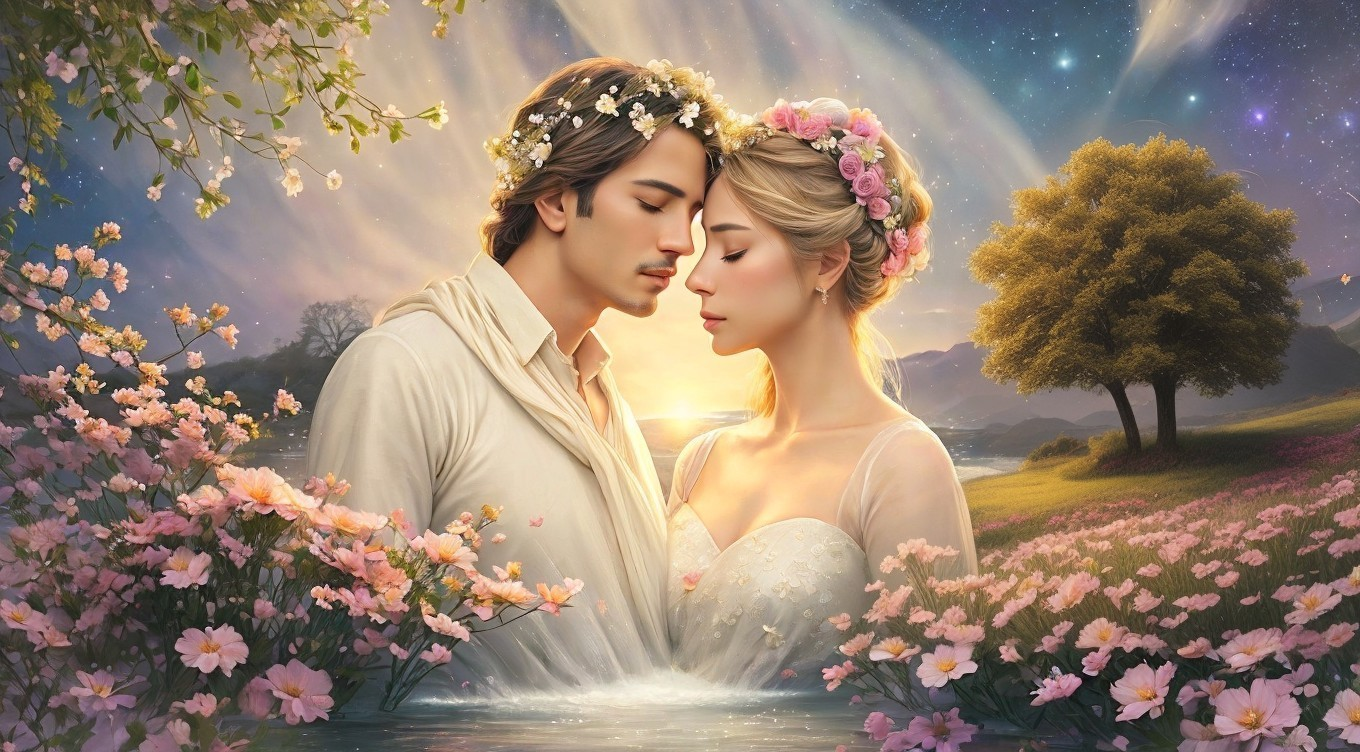 Couple in Dreamlike Setting Surrounded by Flowers