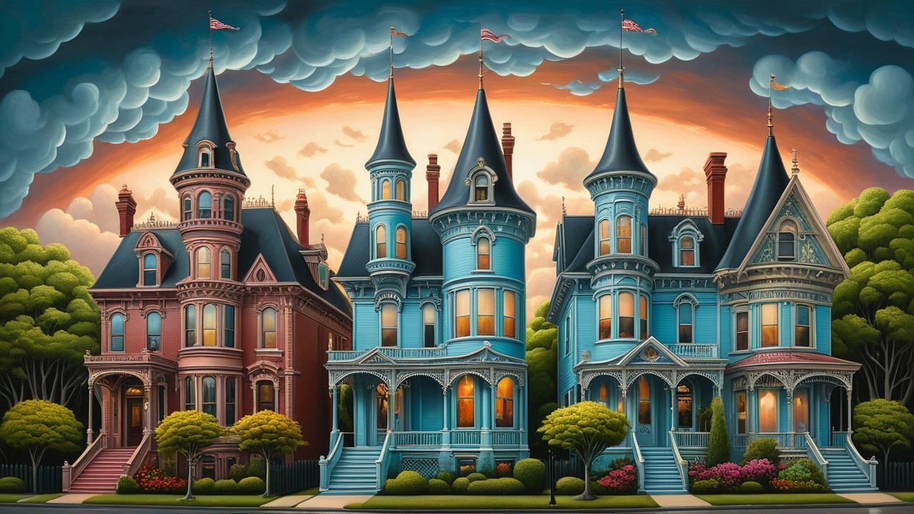 Victorian Houses with Colorful Facades at Sunset